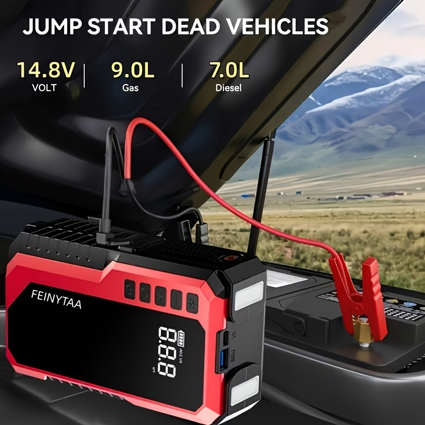 Démarreur avec gonfleur de pneus numérique 5000A/10000A en pic, booster de batterie multifonction pour voiture avec pinces intelligentes, lampe torche LED et batterie externe, kit d'urgence pour voiture, camping-car et moto
