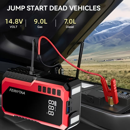 Démarreur avec gonfleur de pneus numérique 5000A/10000A en pic, booster de batterie multifonction pour voiture avec pinces intelligentes, lampe torche LED et batterie externe, kit d'urgence pour voiture, camping-car et moto