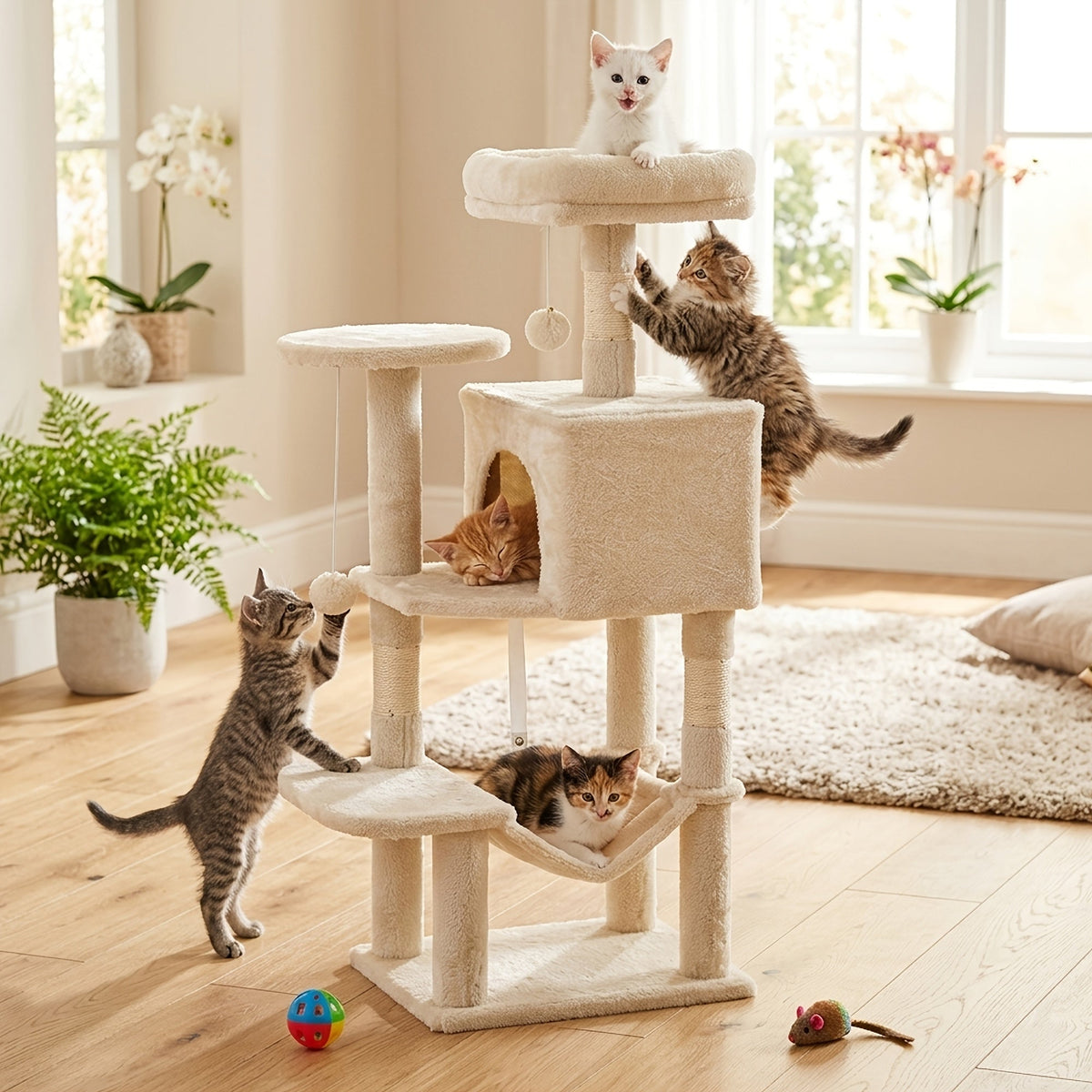 Arbre à chat avec hamac et poteaux à griffer en sisal de 112 cm – Condominium pour chats d'intérieur à plusieurs niveaux avec perchoirs naturels pour grands chats et foyers multi-chats, base stable et robuste, beige, gris, rose, noir