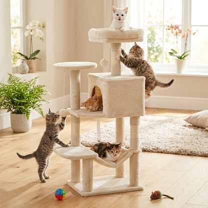 Arbre à chat avec hamac et poteaux à griffer en sisal de 112 cm – Condominium pour chats d'intérieur à plusieurs niveaux avec perchoirs naturels pour grands chats et foyers multi-chats, base stable et robuste, beige, gris, rose, noir