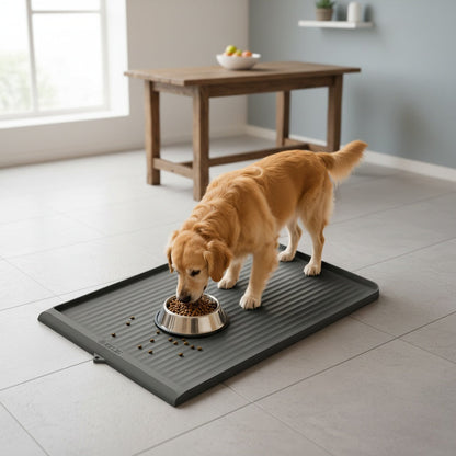 Tapis d'alimentation imperméable pour animaux 91 x 61 cm – Grand tapis antidérapant pour nourriture pour chien et chat – Bords surélevés, rainures de dérivation, facile à nettoyer, tapis de gamelle pour nourriture et eau, gris