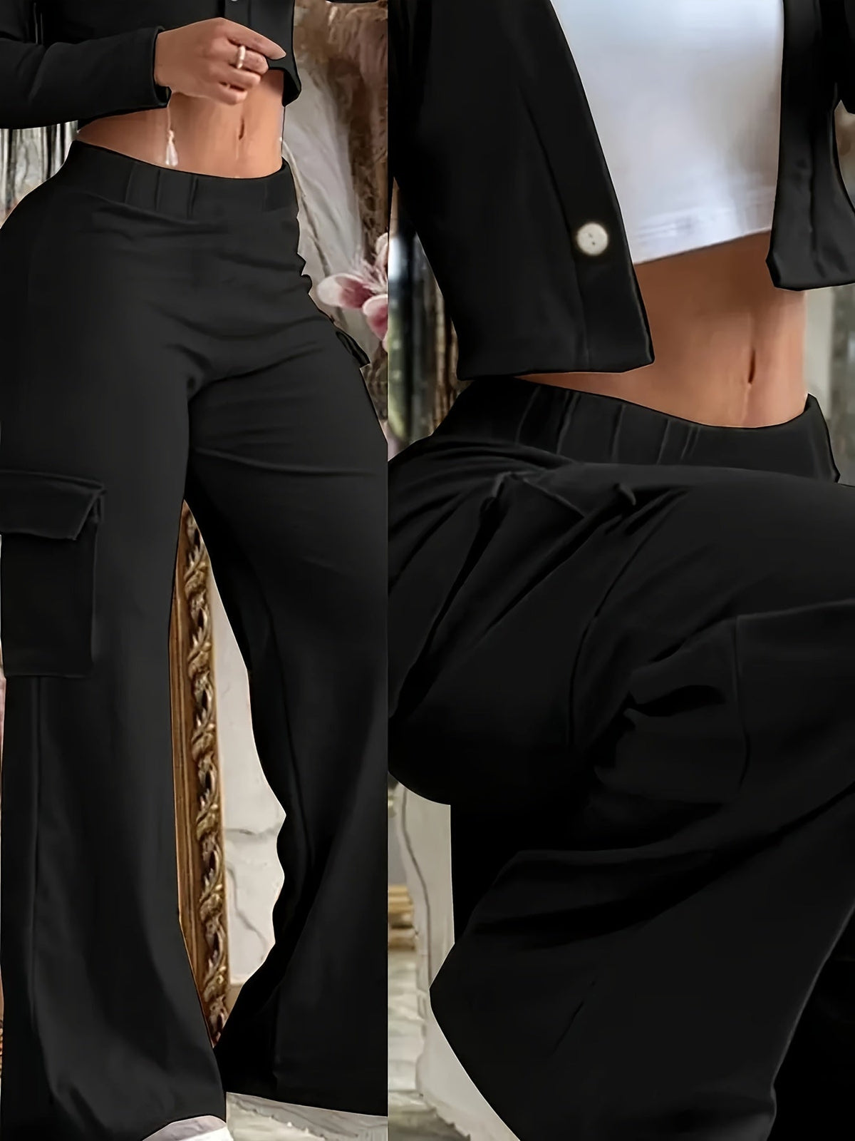 Pantalon large pour femme noir – Pantalon décontracté taille haute à enfiler avec poches, coupe droite et ample pour le bureau, le business casual et le quotidien, tailles XS-XXL