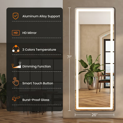 Miroir sur pied pleine longueur avec lumières LED - Sommet arqué et rectangulaire, cadre en aluminium, miroir habillage sur pied de 180 cm pour chambre et salon, noir or blanc, verre trempé de 5 mm