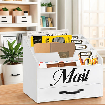 Grand organisateur de courrier de bureau en bois massif avec tiroir, 4 compartiments et séparateurs étiquetables pour dossiers, lettres et papier, organisateur de bureau pour bureau à domicile, étudiants et professionnels