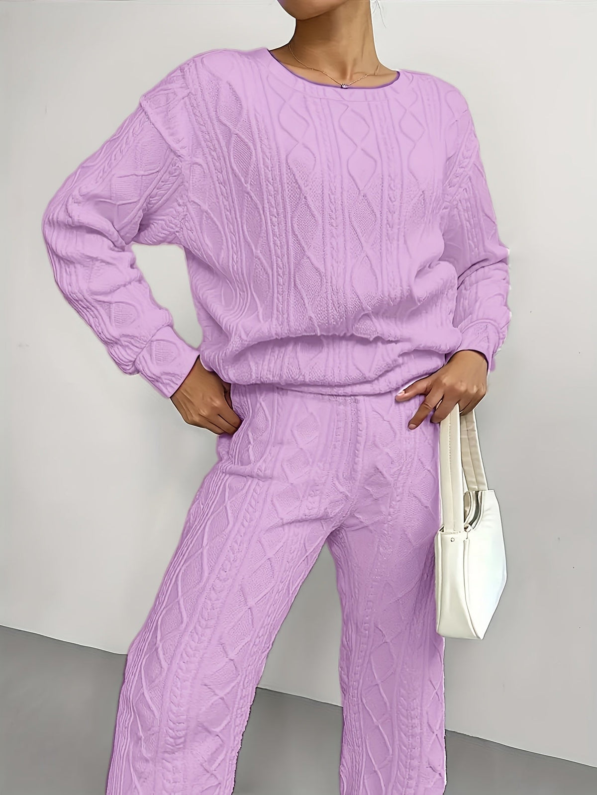 Ensemble survêtement 2 pièces pour femme – Haut à manches longues et col rond en jacquard texturé et pantalon de jogging, tenue de détente décontractée et respirante pour le printemps et l'été S-XXL
