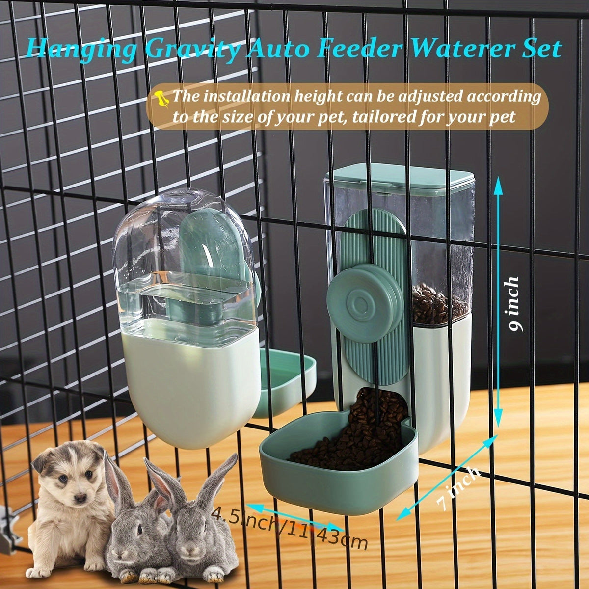 Ensemble distributeur de nourriture et d'eau suspendu pour animaux 1L - Distributeur automatique par gravité pour chats, chiens, lapins, chinchillas, furets et hérissons - Station de nourrissage sans pile à fixer à la cage (vert)