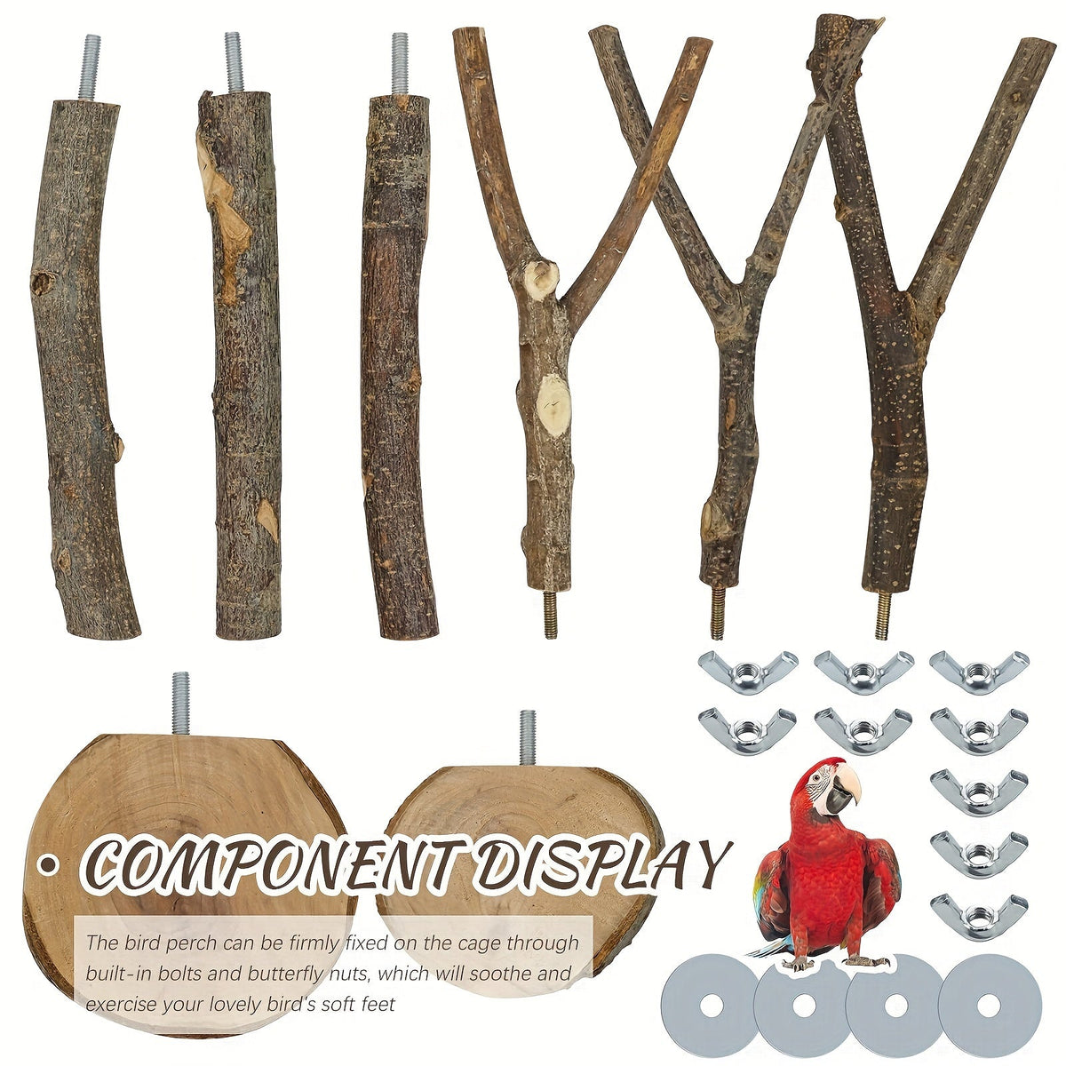 Ensemble de 8 perchoirs en bois naturel pour oiseaux, branche de pommier, support à fourches multi-branches, plateforme suspendue, hamac, balançoire pour aras, conures, perruches, ondulées et pinsons