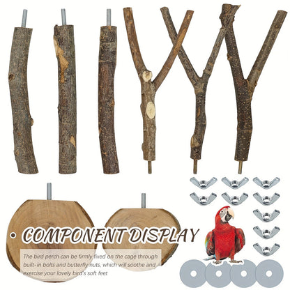 Ensemble de 8 perchoirs en bois naturel pour oiseaux, branche de pommier, support à fourches multi-branches, plateforme suspendue, hamac, balançoire pour aras, conures, perruches, ondulées et pinsons