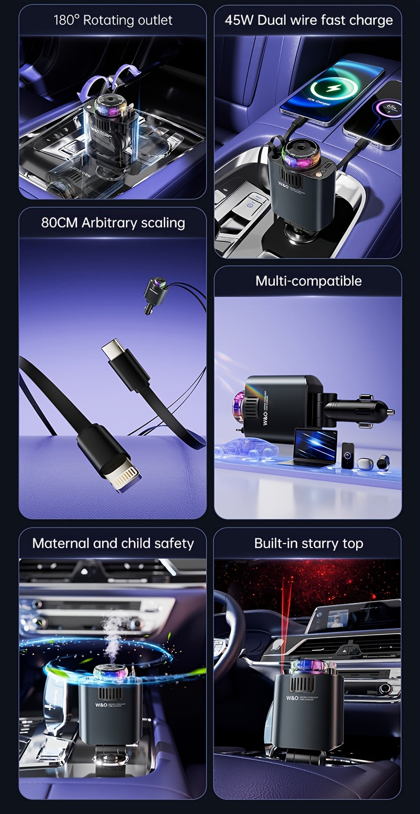 3-in-1 Car Charger Air Freshener & Starry Sky Ceiling Light – Dual Retractable Type-C & Lightning Cable 80cm, Aromatherapy Diffuser for iPhone 16/15 Samsung S25/S24, Car Interior Upgrade Gift