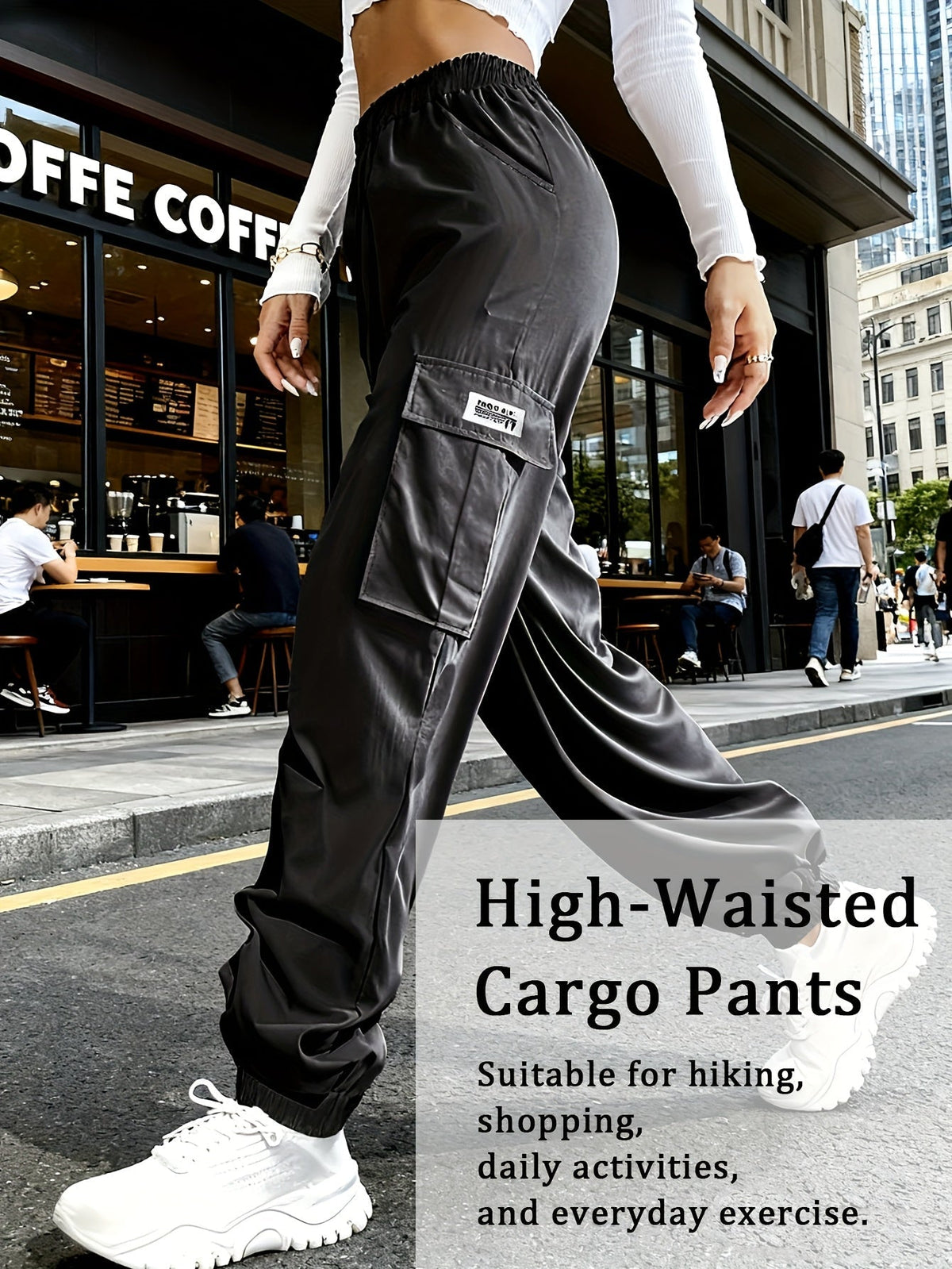 Pantalon cargo pour femme avec poches zippées – Taille élastique à cordon de serrage, grandes poches, pantalon décontracté pour l'extérieur, noir, gris, vert, bleu, XS-XXL