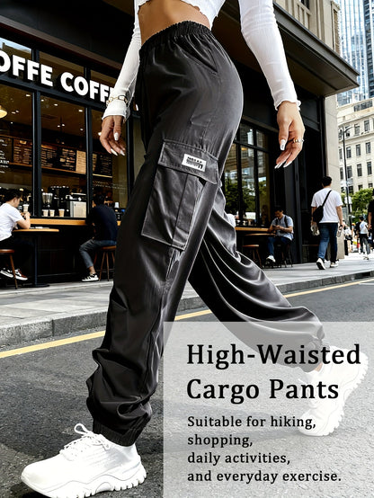 Pantalon cargo pour femme avec poches zippées – Taille élastique à cordon de serrage, grandes poches, pantalon décontracté pour l'extérieur, noir, gris, vert, bleu, XS-XXL