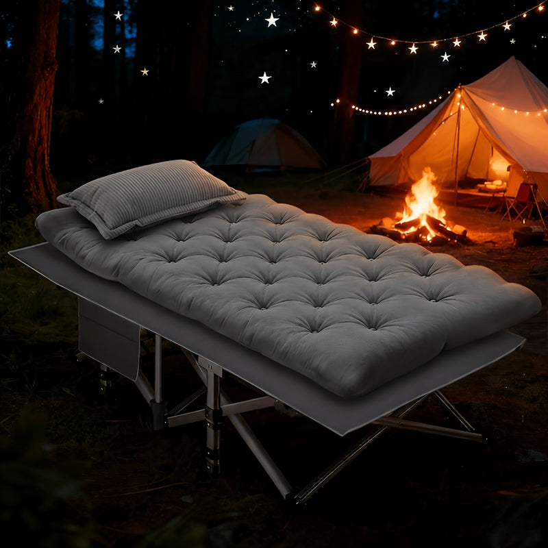 Lit de camping pliant avec matelas et poches latérales – Lit de camp portable robuste pour adultes, lit d'appoint pliable pour le camping, l'extérieur, la terrasse, le bureau ou la chambre d'amis
