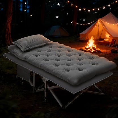 Lit de camping pliant avec matelas et poches latérales – Lit de camp portable robuste pour adultes, lit d'appoint pliable pour le camping, l'extérieur, la terrasse, le bureau ou la chambre d'amis
