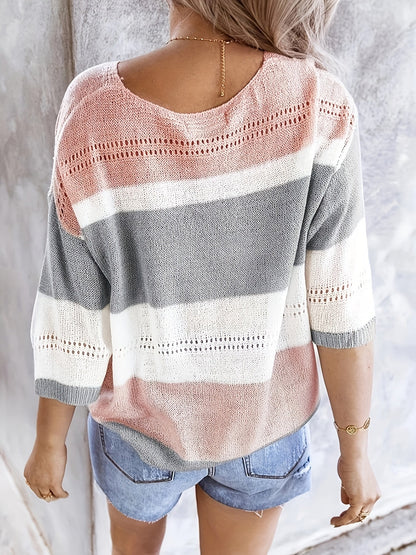 Haut en tricot pour femme, col en V, épaules dénudées, ajouré, à rayures et blocs de couleurs - Chemisier décontracté d'été pour le quotidien et les vacances à la plage
