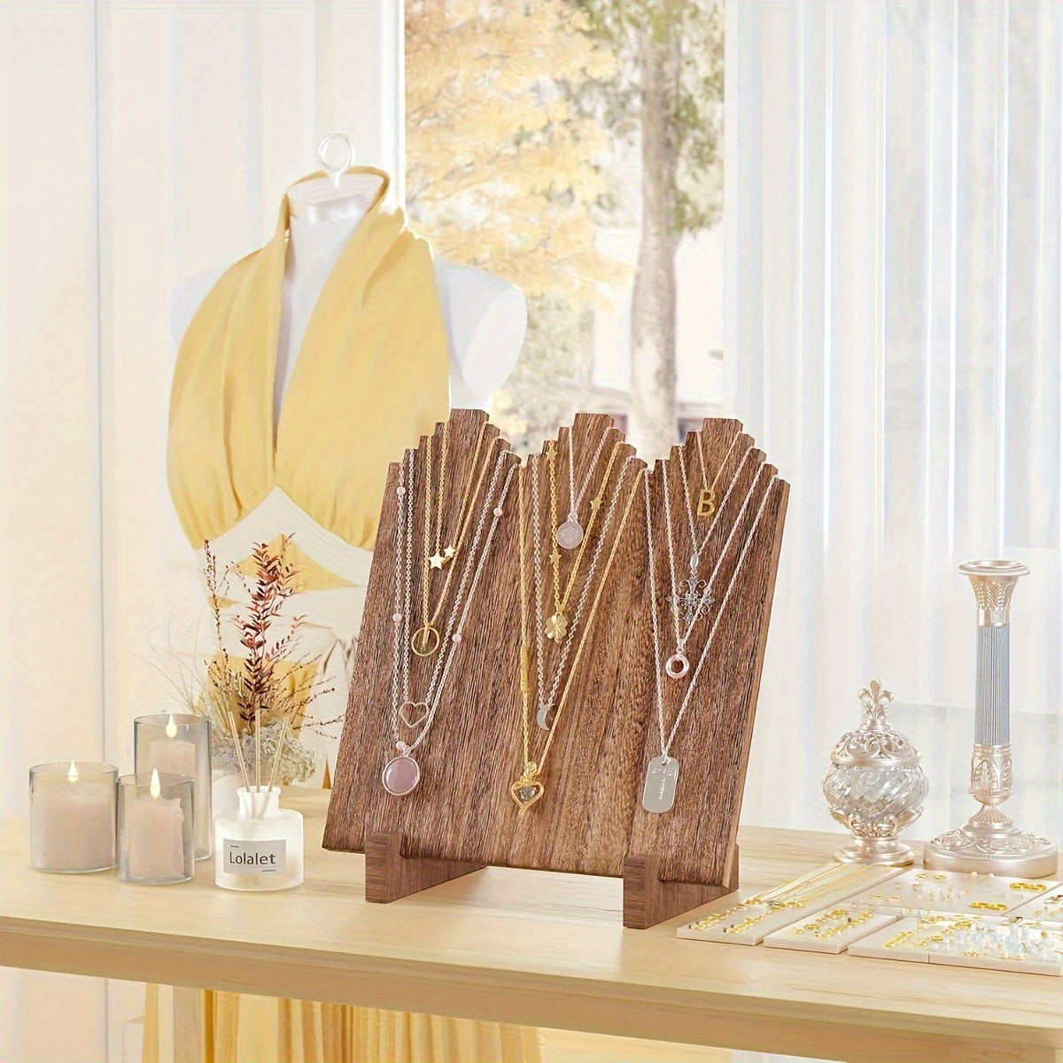 Présentoir à colliers en bois – Organisateur vertical rustique pour foires artisanales, vendeurs et décoration intérieure, base stable en bois durable, support de présentation pour colliers