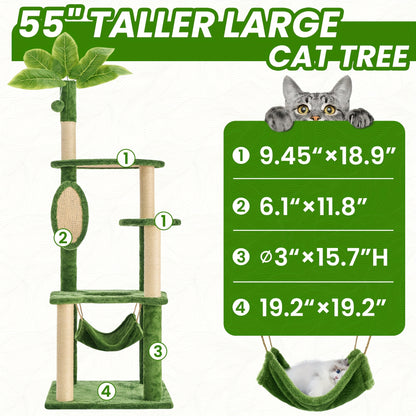 Arbre à chat de 140 cm pour chats d'intérieur avec feuilles vertes – Grande tour à chat multi-niveaux avec hamac, poteaux à griffer en sisal, jouet à suspendre, mobilier pour chat pour salon et chambre
