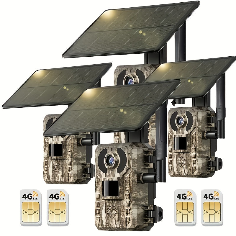 Caméra de chasse 4G sans Wi-Fi 2K 1440P à énergie solaire – Carte SIM intégrée, vision nocturne 23 m, déclenchement 0,2 s, batterie 7800 mAh, caméra de surveillance et de chasse extérieure sans fil pour zones isolées