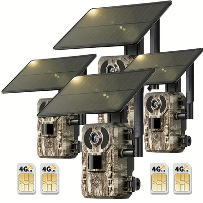 Caméra de chasse 4G sans Wi-Fi 2K 1440P à énergie solaire – Carte SIM intégrée, vision nocturne 23 m, déclenchement 0,2 s, batterie 7800 mAh, caméra de surveillance et de chasse extérieure sans fil pour zones isolées