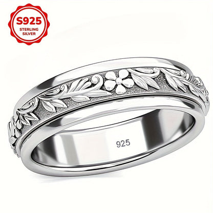 Bague large pour femme en argent sterling 925, motif vintage de feuilles et fleurs sculptées – Anneau élégant style bohème inspiré de la nature, bijou en argent hypoallergénique, tailles 6 à 10, idéal pour le quotidien, les vacances ou comme cadeau d'été