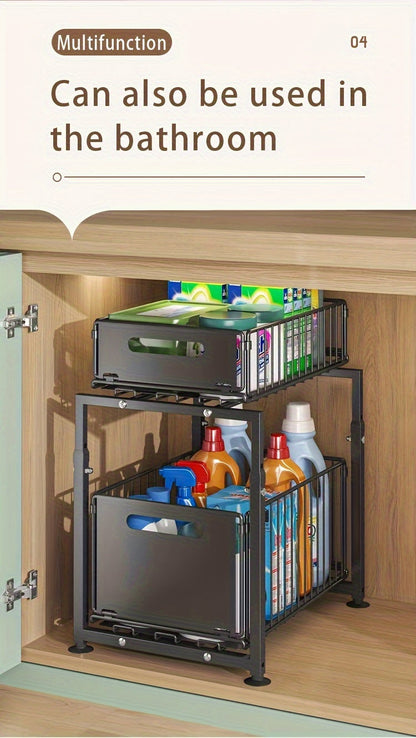 Under Sink Organizer 2-Tier Pull-Out Cabinet Shelf with Adjustable Height, Sturdy Carbon Steel Kitchen Storage Rack, Space-Saving Bathroom & Pantry Cabinet Organizer for Kitchen Organization