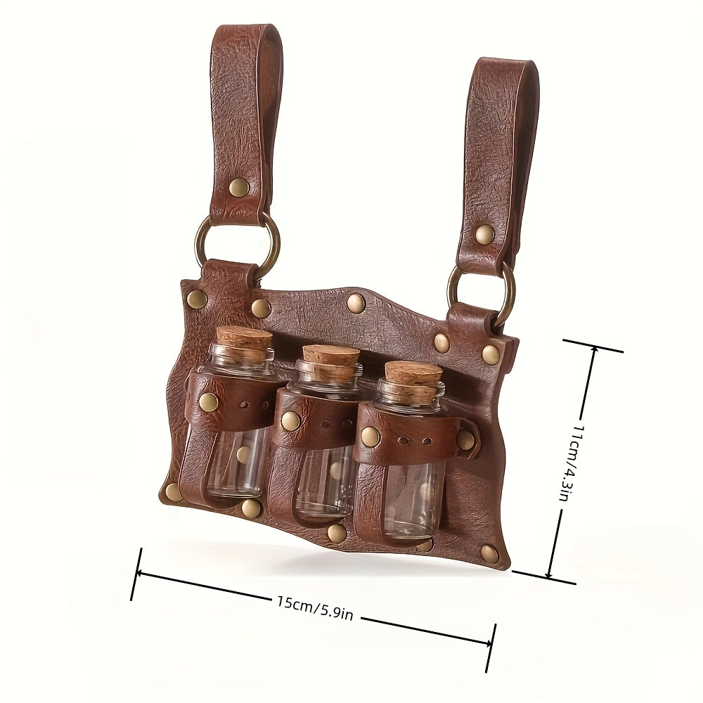 Ensemble de sacoche médiévale viking 5 pièces, pochette en similicuir avec fioles en verre, boucles et sangles, accessoire de costume vintage pour Halloween, cosplay, fête de la Renaissance, GN, jeu de rôle, noir, marron