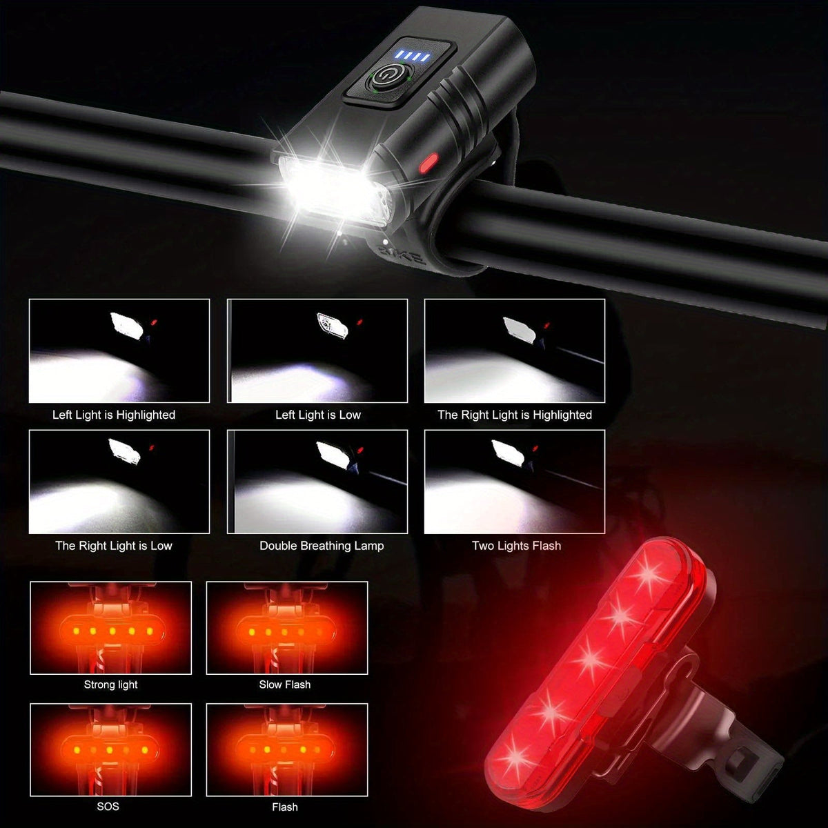 Ensemble de lumières de vélo LED rechargeables USB-C 1500 lumens – Feux avant et arrière pour vélo, 6+4 modes, étanches, indicateur de charge, charge rapide, éclairage de sécurité nocturne pour vélo de route et VTT