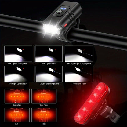 Ensemble de lumières de vélo LED rechargeables USB-C 1500 lumens – Feux avant et arrière pour vélo, 6+4 modes, étanches, indicateur de charge, charge rapide, éclairage de sécurité nocturne pour vélo de route et VTT