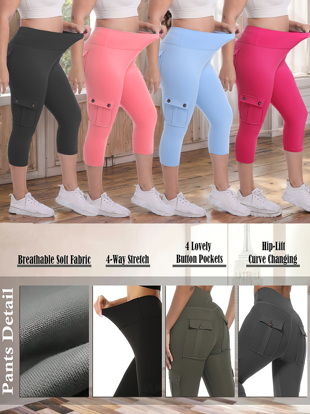 Lot de 4 pantalons de yoga Capri taille haute pour femmes, extensible dans les 4 sens, galbant, gainant, 4 poches - Leggings de sport pour la course, S-XXL, toutes saisons