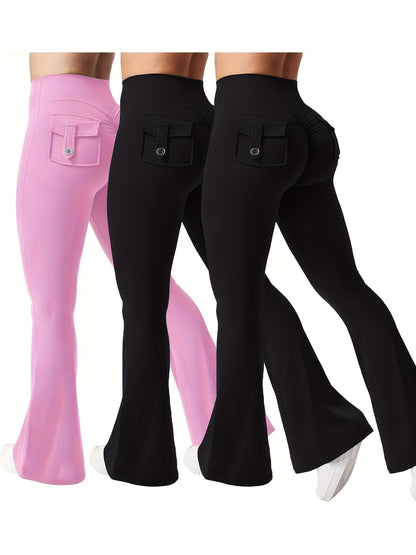 Ensemble 3 pièces pour femme : pantalon de yoga évasé à taille haute avec ceinture et poches, legging galbant effet push-up, squat-proof, 90 % polyester extensible, coupe évasée pour le sport, la gym, la course et le quotidien