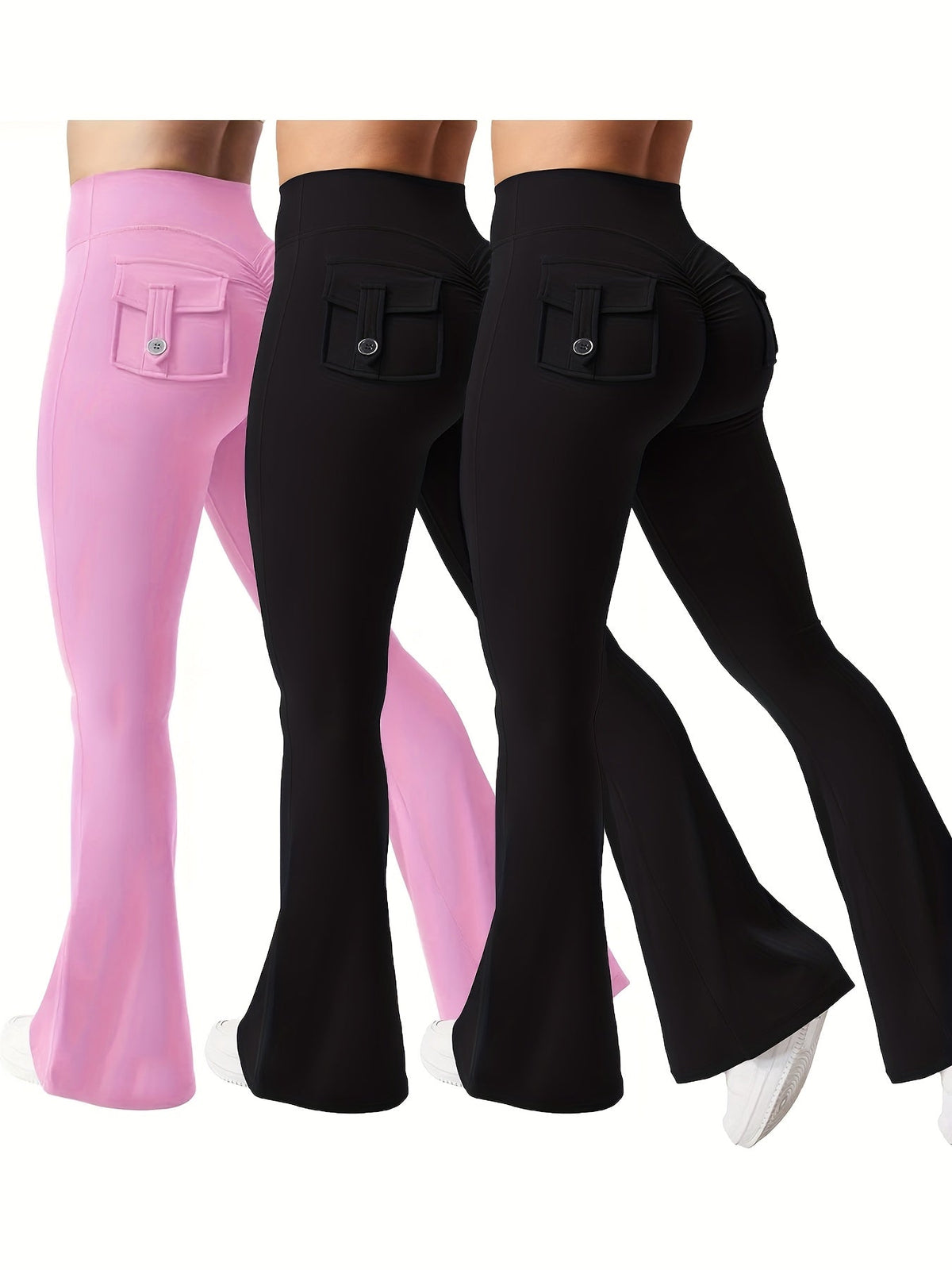 Ensemble 3 pièces pour femme : pantalon de yoga évasé à taille haute avec ceinture et poches, legging galbant effet push-up, squat-proof, 90 % polyester extensible, coupe évasée pour le sport, la gym, la course et le quotidien