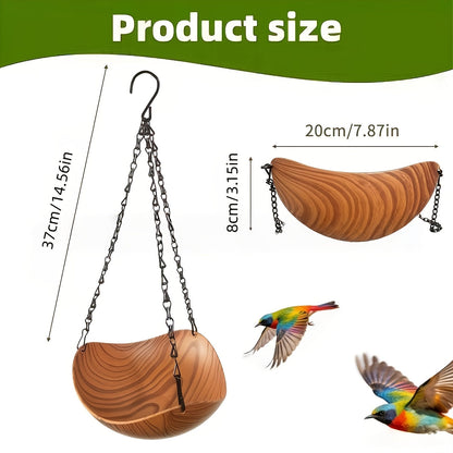 Lot de 2 mangeoires et abreuvoirs suspendus pour oiseaux - Mangeoire à un niveau en forme de bol avec aspect bois, chaîne en métal renforcée et crochet stable, mangeoire de jardin spacieuse pour oiseaux sauvages