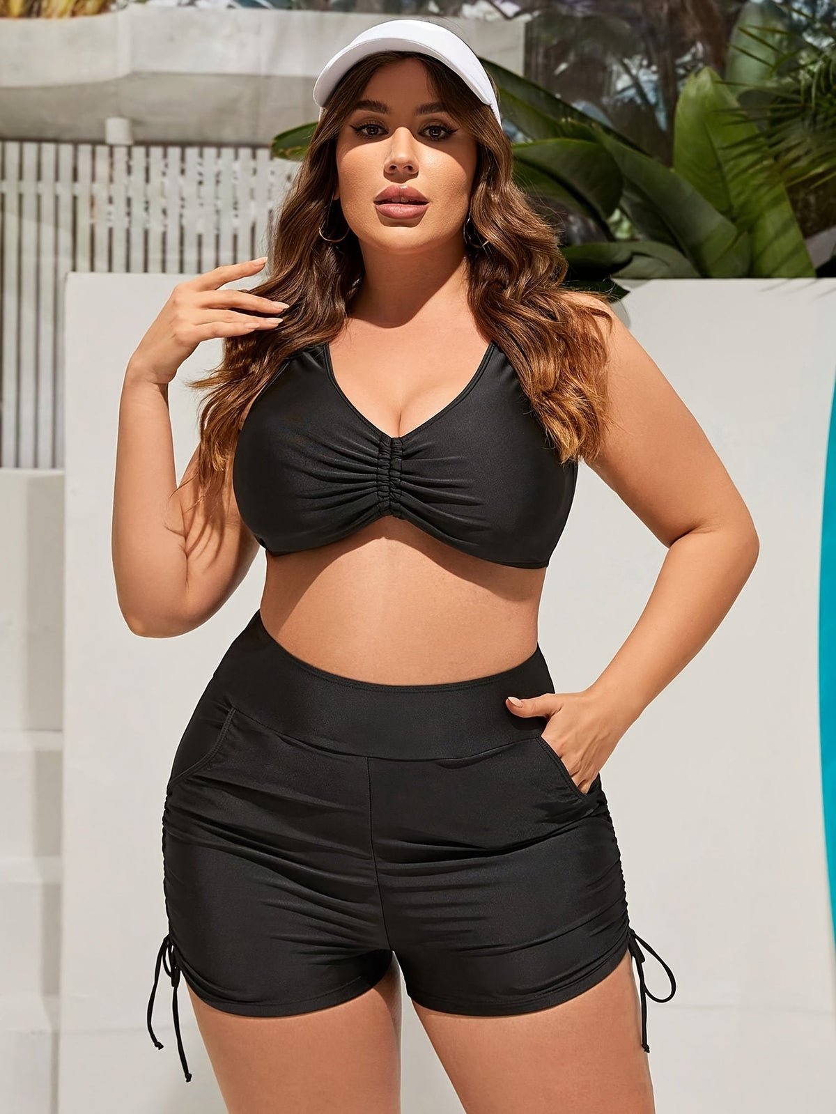 Short de bain taille haute pour femme, grandes tailles, style rétro, extensible, couleur unie, cordon de serrage, poches latérales, lavable en machine, maillot de bain pour plage et piscine, 0XL-4XL, coupe élégante et confortable