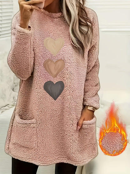 Sweat-shirt pour femme à imprimé cœur, pull décontracté à manches longues doublé en polaire, col rond, automne-hiver, tailles S-XXL, plusieurs couleurs