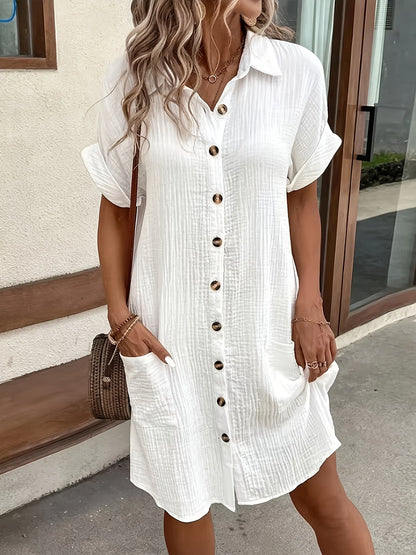 Robe chemise boutonnée unie pour femme – Robe tunique rétro décontractée à revers respirante pour un usage quotidien en toute saison