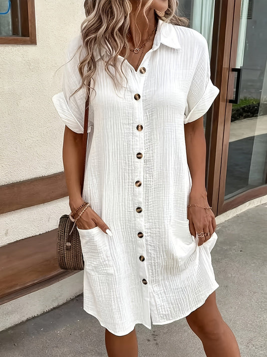 Robe chemise boutonnée unie pour femme – Robe tunique rétro décontractée à revers respirante pour un usage quotidien en toute saison