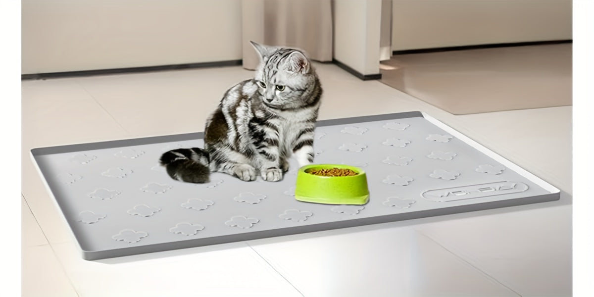 Tapis de litière pour chat en silicone XXL 3-en-1 – Protection de sol lavable et antidérapante avec bords surélevés, retient la litière, les croquettes et les miettes, tapis d'alimentation pliable pour chats, 86 x 56 cm, gris clair et gris foncé