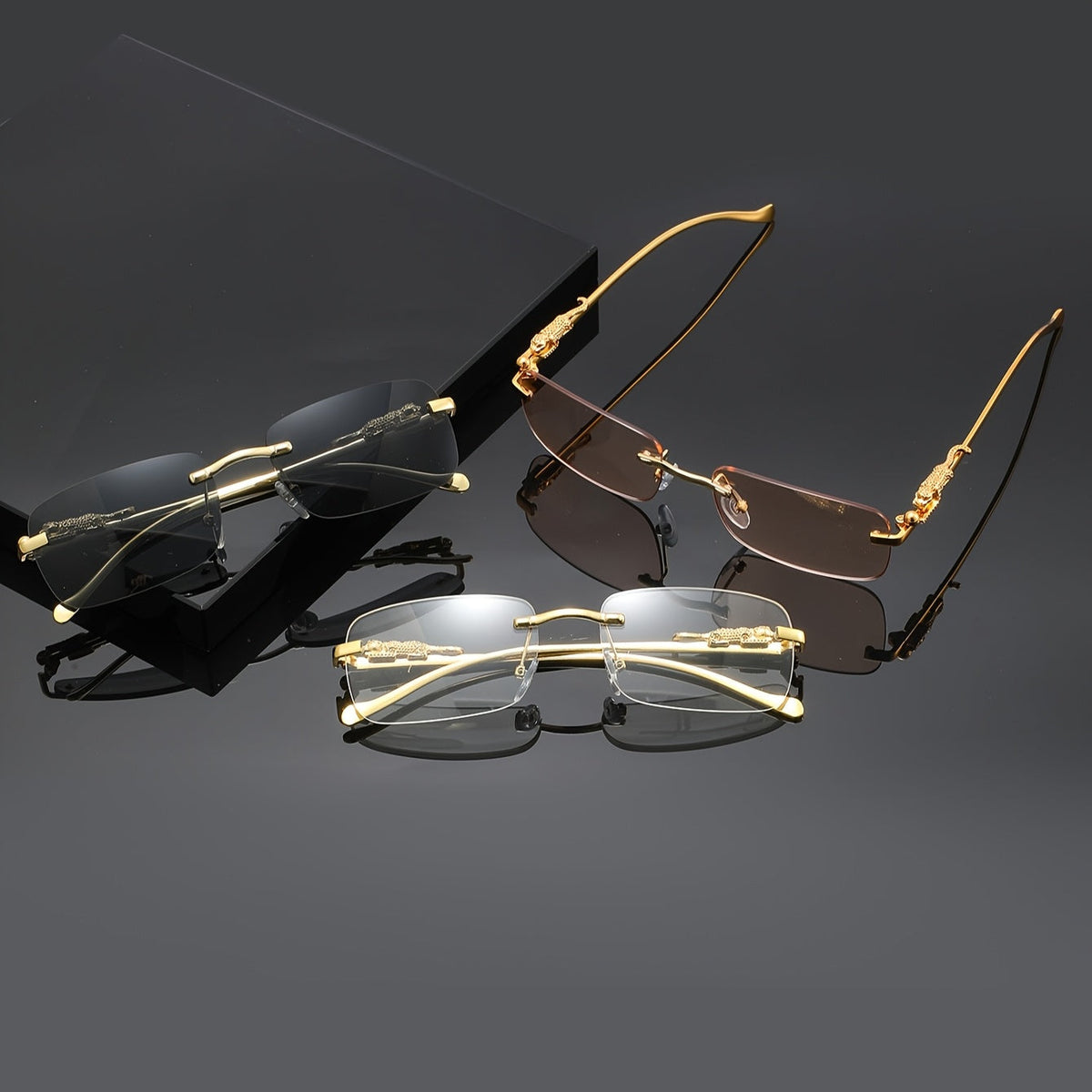 Lunettes de soleil carrées sans monture à motif léopard pour hommes et femmes – Monture dorée avec étui et chiffon de nettoyage, verres champagne blanc gris, lunettes unisexe tendance pour tenues décontractées, fêtes et accessoires photo