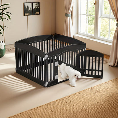 Parc pour chiens pliable à 4 ou 6 panneaux avec fond antidérapant, enclos portable pour chiots, intérieur et extérieur, avec porte à verrouillage de sécurité pour chiens de taille moyenne – Noir et blanc