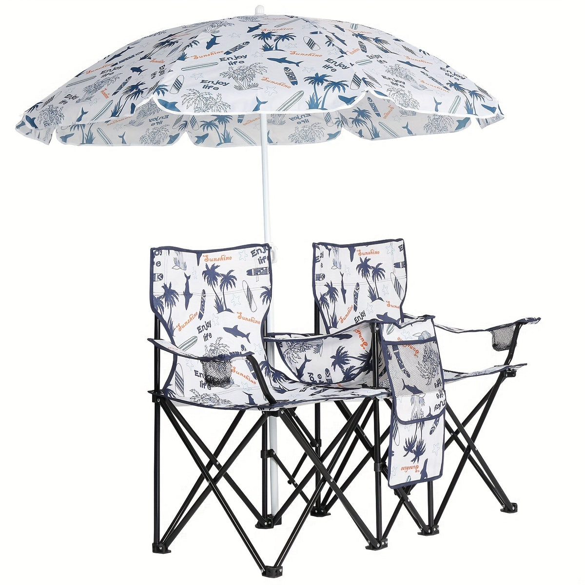 Chaise pliante d'extérieur pour 2 personnes avec parasol amovible – Canapé de camping portable avec accoudoirs pour la pêche, la plage, le bronzage et le pique-nique