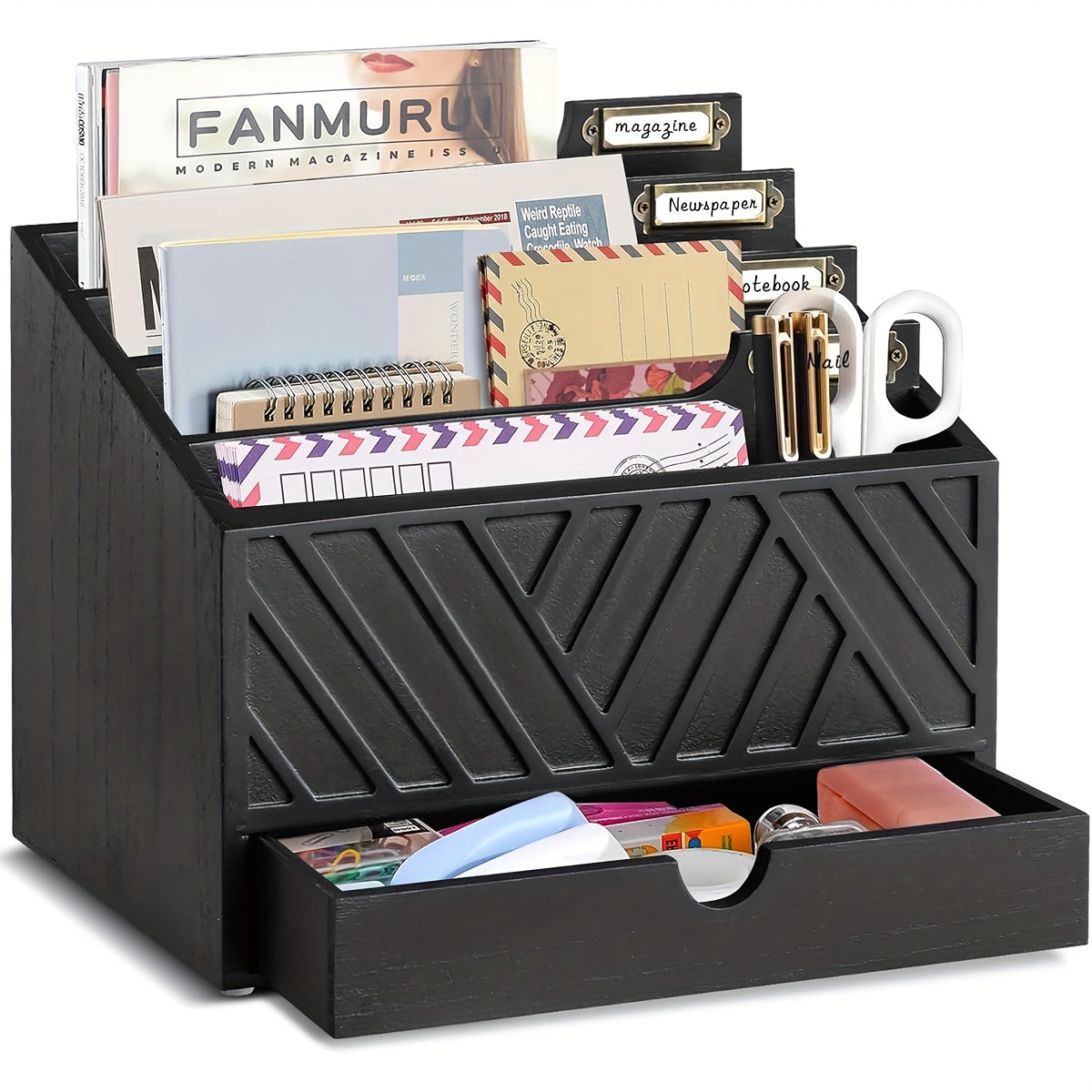 Grand organisateur de courrier de bureau en bois massif avec tiroir, 4 compartiments et séparateurs étiquetables pour dossiers, lettres et papier, organisateur de bureau pour bureau à domicile, étudiants et professionnels