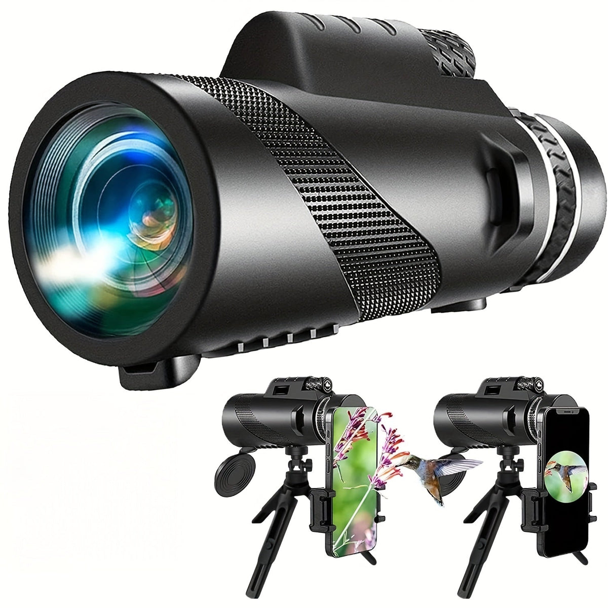 Monoculaire HD 10x42 avec adaptateur pour téléphone et trépied – Longue-vue compacte à lentilles FMC pour l'observation des oiseaux, la faune, la randonnée, le camping, les concerts et le sport – Noir et vert, cadeau de Noël