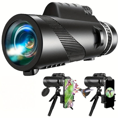 Monoculaire HD 10x42 avec adaptateur pour téléphone et trépied – Longue-vue compacte à lentilles FMC pour l'observation des oiseaux, la faune, la randonnée, le camping, les concerts et le sport – Noir et vert, cadeau de Noël