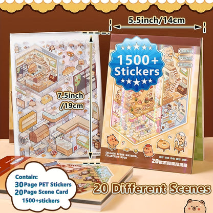 Livre d'autocollants de scènes 3D pour enfants 1500 pièces - Kit de scrapbooking créatif avec 20 cartes de scènes, 30 types de matériaux, autocollants de paysages des quatre saisons, ensemble d'activités artistiques et artisanales éducatives pour enfants