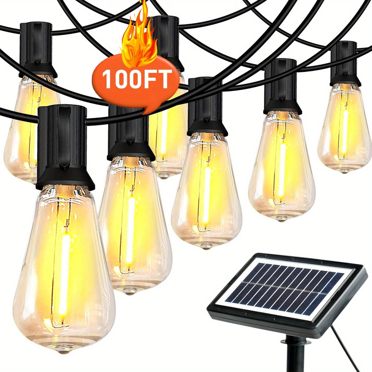 Guirlande lumineuse LED solaire étanche pour extérieur 15 m & 30 m – Ampoules ST38 incassables et intensité réglable, chargement USB-C & solaire, 4 modes, pour terrasse, jardin, piscine, mariage, camping et décoration de Noël