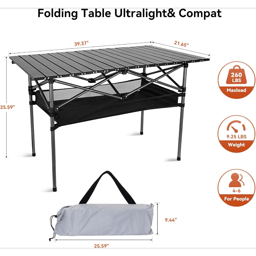 Table de camping pliante portable, table d'extérieur légère et rétractable avec sac de transport, pieds robustes, grande surface plane pour pique-nique, barbecue, plage, randonnée, hayon, design compact et durable, tailles L et XL