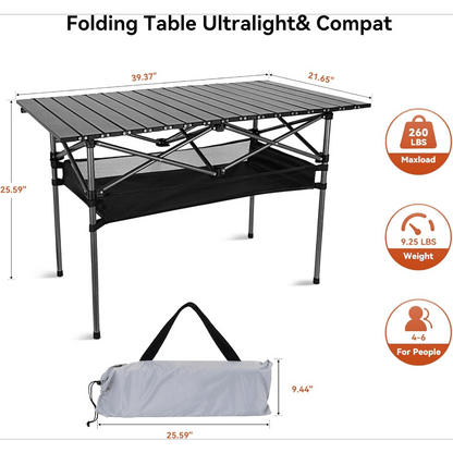 Table de camping pliante portable, table d'extérieur légère et rétractable avec sac de transport, pieds robustes, grande surface plane pour pique-nique, barbecue, plage, randonnée, hayon, design compact et durable, tailles L et XL
