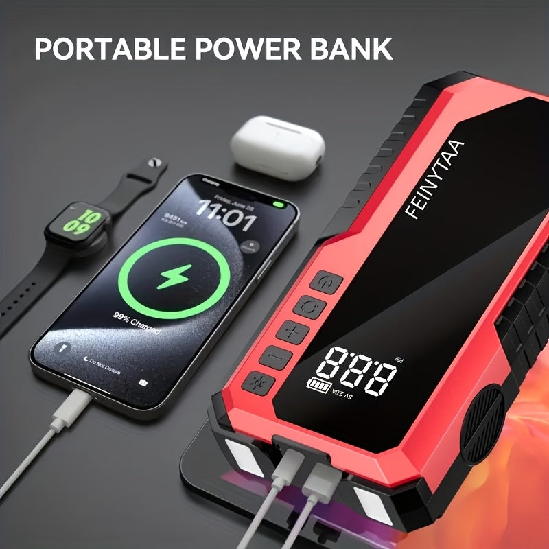 Démarreur avec gonfleur de pneus numérique 5000A/10000A en pic, booster de batterie multifonction pour voiture avec pinces intelligentes, lampe torche LED et batterie externe, kit d'urgence pour voiture, camping-car et moto