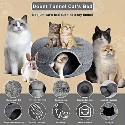 Lit tunnel pour chat, cachette d'intérieur - Tunnel pour chat en forme de beignet, pliable et utilisable en toute saison, avec ouverture pour chats d'intérieur, peluche douce, gris foncé et gris clair, disponible en 50 et 60 cm, cadeau idéal pour chat