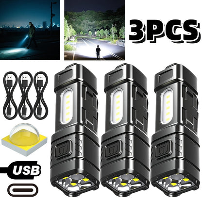Mini lampe de poche LED rechargeable, lot de 3 ou 6, 2000 lumens, COB, 4 modes, charge USB-C, lampe de poche compacte avec clip arrière et batterie intégrée pour le camping, la randonnée, la chasse et les urgences