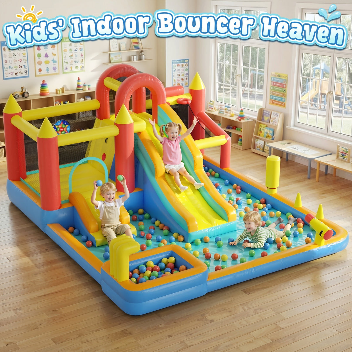 Château gonflable aquatique 13-en-1 avec souffleur 550W, double toboggan, pataugeoire, canon à eau, mur d'escalade, panier de basket, jeux de pêche et de lancer d'anneaux - Parc aquatique pour enfants pour le jardin, idéal pour l'été